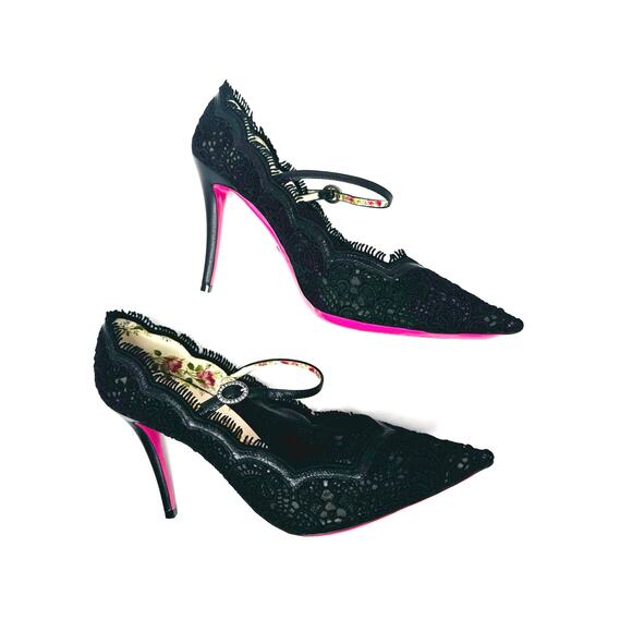 Gucci Women's Virginia Leather and Lace Mary Jane Pointed Toe Pumps sz EU 39.5 - Picture 8 of 11